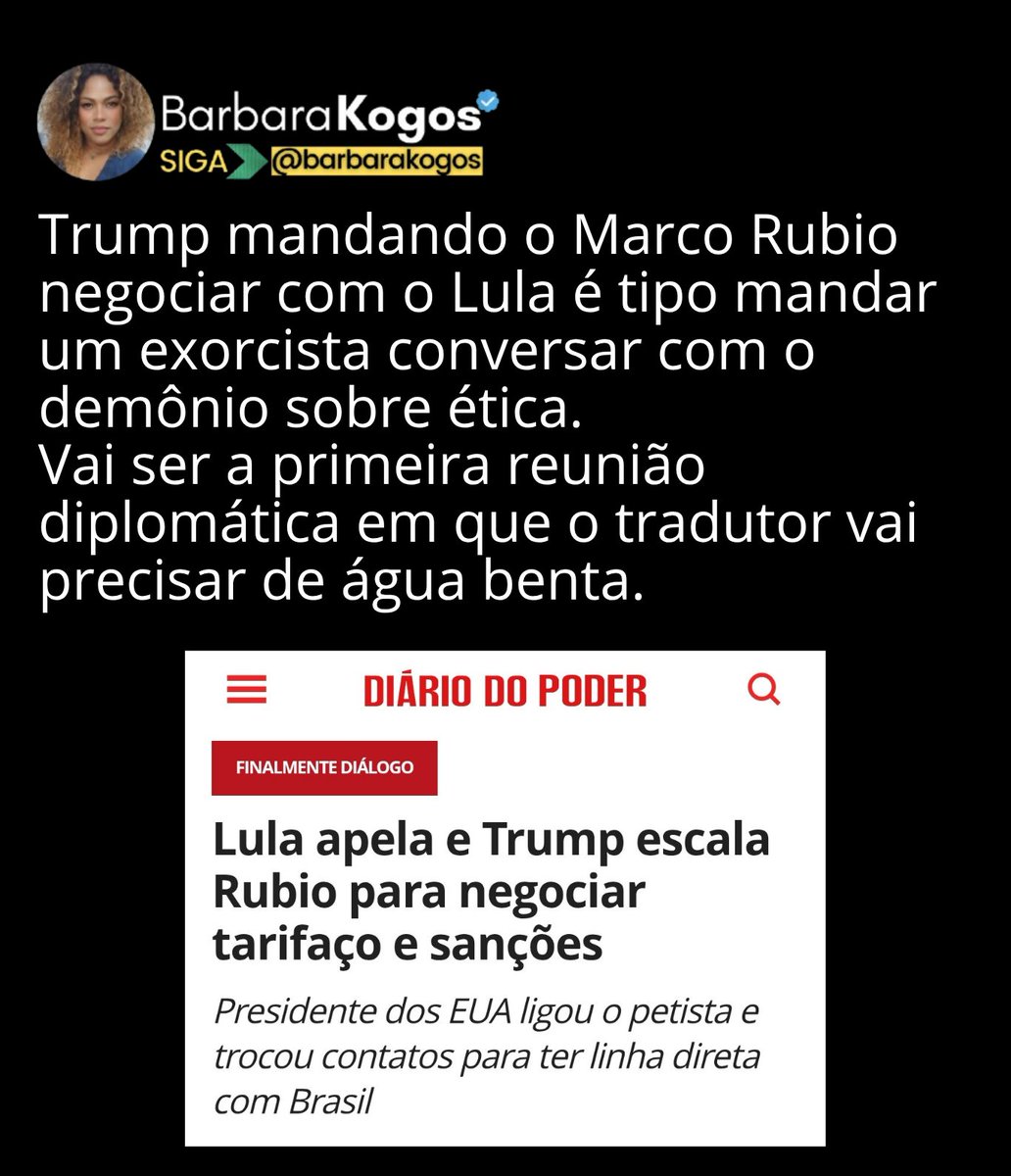 Trump não mandou um diplomata. Mandou um antídoto.
Marco Rubio, o republicano linha-dura, vai negociar com Lula, o símbolo vivo do socialismo tupiniquim.

É tipo mandar um exorcista pra conversar com o demônio sobre ética.

O comunismo acaba quando enfrenta gente de verdade.