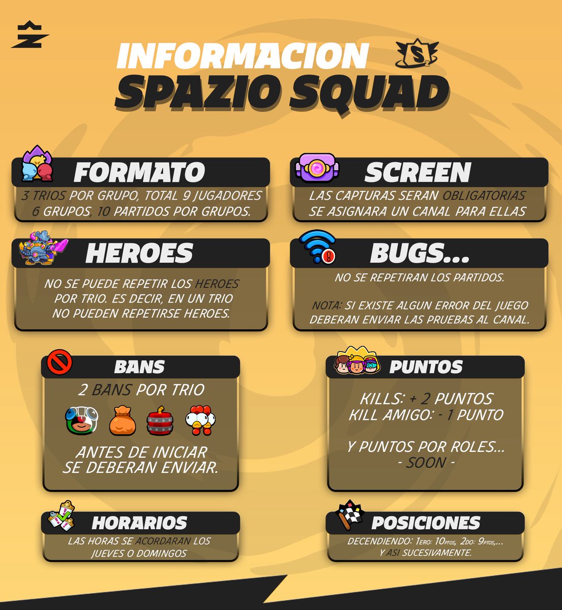 Spazio Info 👽

⚔️ Format:
Each group will have 3 trios (9 players total). There will be 6 groups with 10 matches per group.

🦸‍♂️ Heroes:
Heroes cannot be repeated within the same trio. Each player must use a different hero.

🚫 Bans:
Each trio gets 2 bans before starting. They