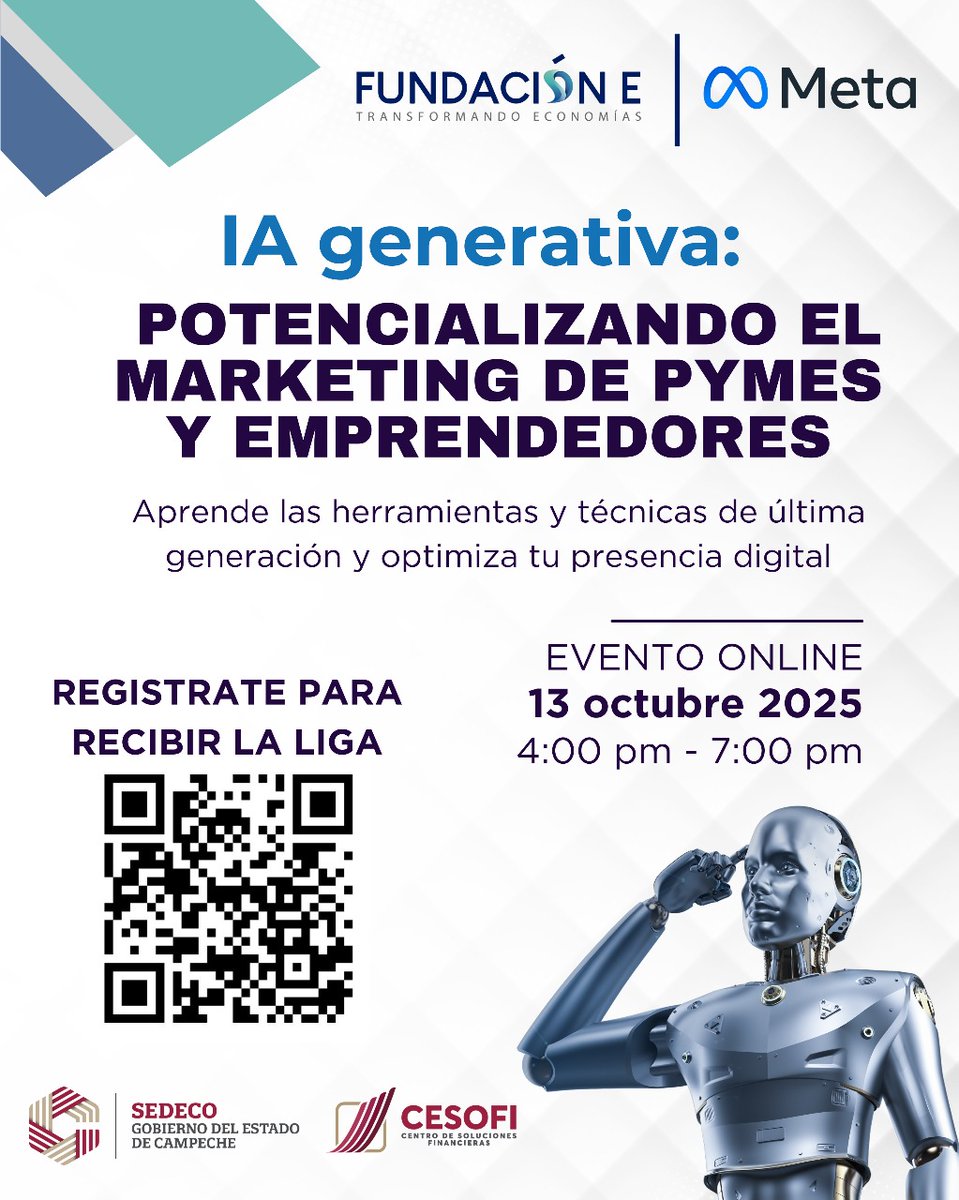 SEDECOCAMPECHE's tweet photo. No te pierdas el curso en línea *IA GENERATIVA: Potencializando el Marketing de PYMES y Emprendedores* los días lunes 13 o martes 14 de octubre. Inscríbete y participa gratuitamente a través del siguiente enlace https://t.co/L2C0kB1OuE https://t.co/bbPuZdXImt