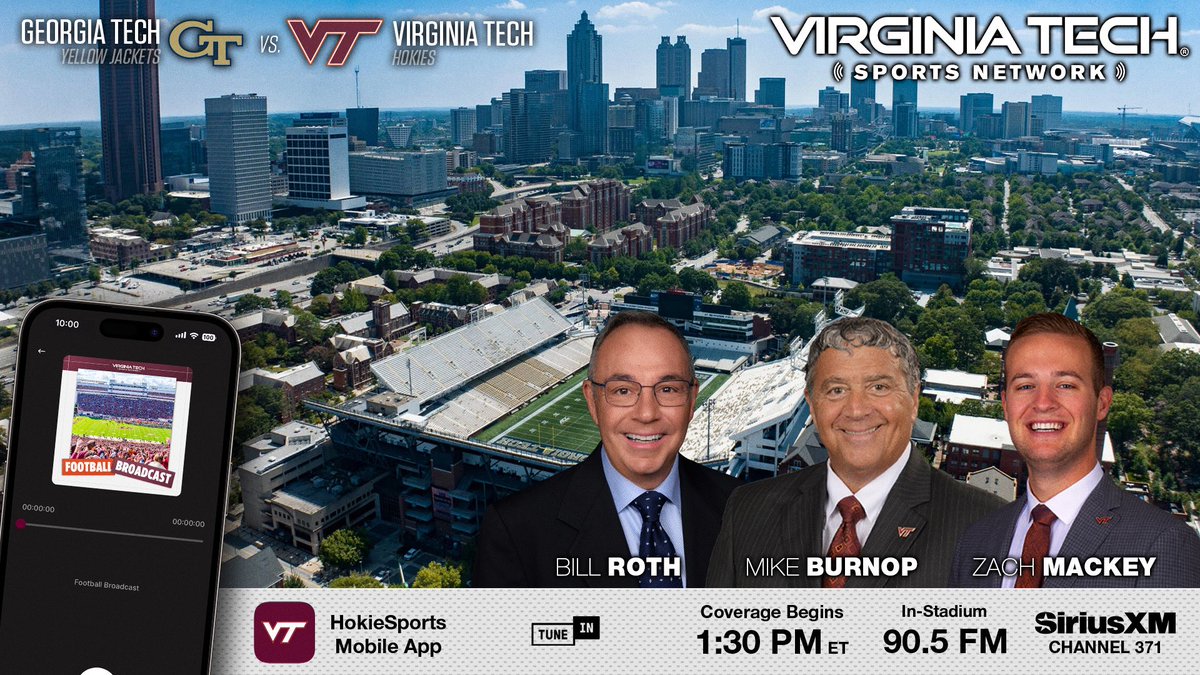 Virginia Tech Sports Network (@hokiesaudio) on Twitter photo ๐๐๐๐ค ๐ฌ๐๐ฏ๐๐ง: <a href="/HokiesFB/">Virginia Tech Football</a> vs. Georgia Tech
Virginia Tech Sports Network broadcast information:
โข Affiliates ยป hokiesports.com/virginia-tech-โฆ
โข Free @HokieSports App ยป vthoki.es/app
#Hokies ๐ฆ๐ป ๐๐๐๐ค ๐ฌ๐๐ฏ๐๐ง: <a href="/HokiesFB/">Virginia Tech Football</a> vs. Georgia Tech
Virginia Tech Sports Network broadcast information:
โข Affiliates ยป hokiesports.com/virginia-tech-โฆ
โข Free @HokieSports App ยป vthoki.es/app
#Hokies ๐ฆ๐ป