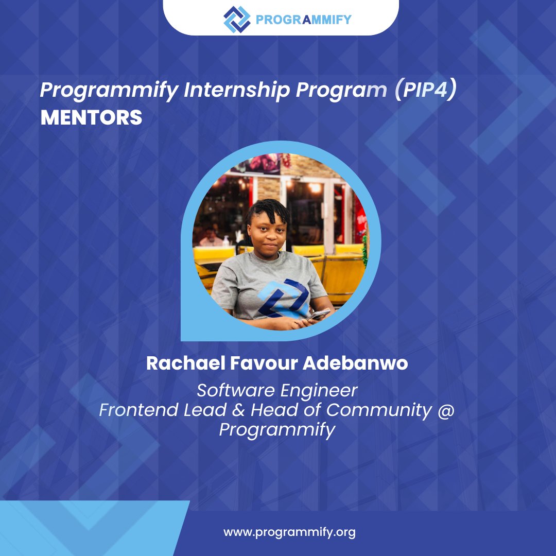 rachaelcodesss's tweet image. Excited to be mentoring brilliant interns in @programmify Internship Program (PIP4), The Builder’s Lab!
Can’t wait to see what we’ll build together.
Let’s make it a great one! 💪✨
#Programmify #PIP4