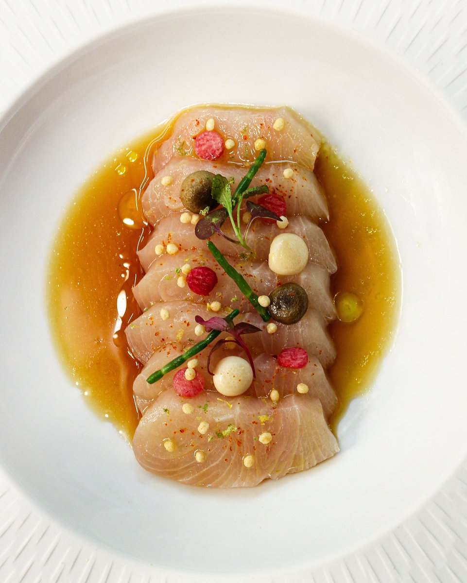 Hamachi Sashimi; Pickled Mushroom and Watermelon Radish, Citrus Dashi