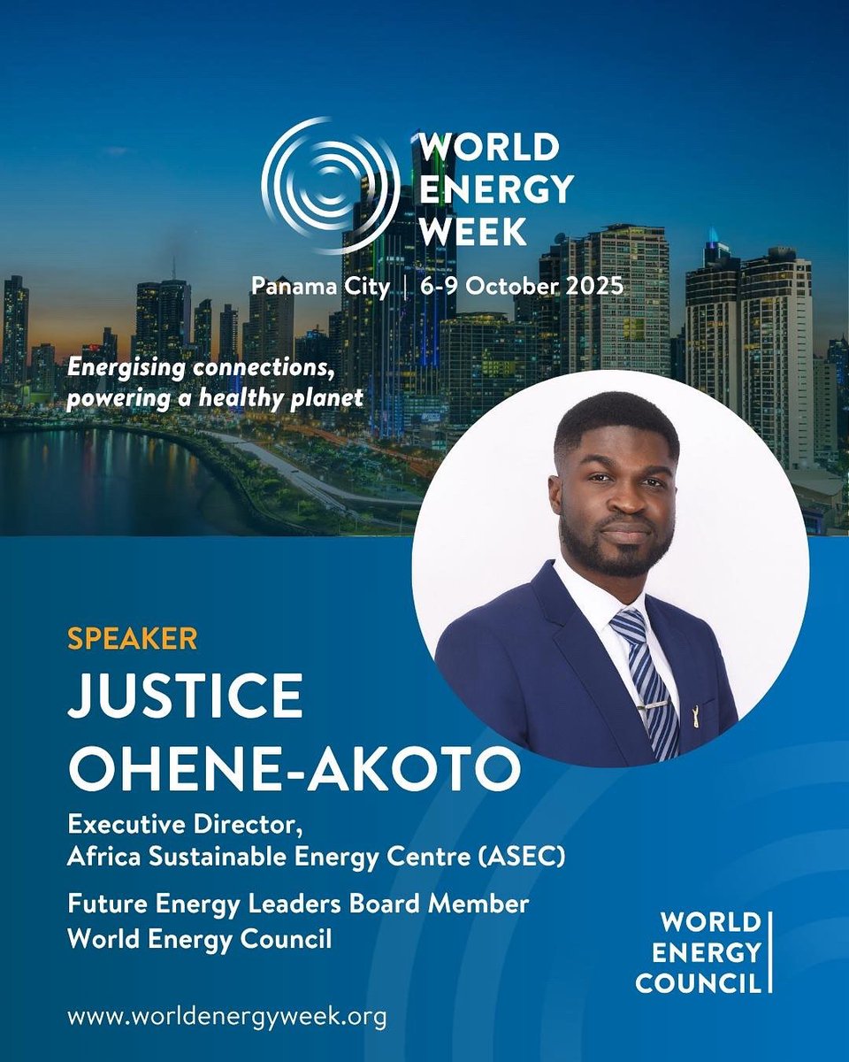 _asecgh's tweet image. Our Executive Director, Justice Ohene-Akoto is set to speak at #WorldEnergyWeek 2025 in Panama City.

This year’s theme, “Energising connections, powering a healthy planet,” aligns with ASEC’s mission to drive a just and sustainable energy future. 
#ASEC #EnergyTransition #Africa