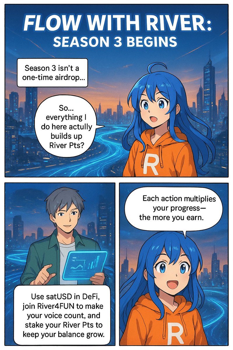 🧵 Flow with River — Season 3 Begins 🌊✨
Season 3 isn’t some one-time airdrop, it’s an open loop. ♻️
Every move you make — from staking, using satUSD, to vibing with the community — stacks more $RiverPts 
You’re not just earning… you’re building momentum.
Stay flowing 💧