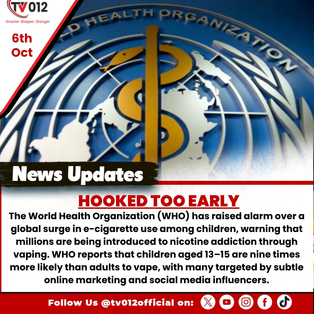 tv012official's tweet image. The World Health Organization (WHO) has raised alarm over a global surge in e-cigarette use among children, warning that millions are being introduced to nicotine addiction through vaping.

#Hooked #VapingCrisis #PublicHealth #Youth #Addiction #ProtectTheYouth #tv012newsupdate