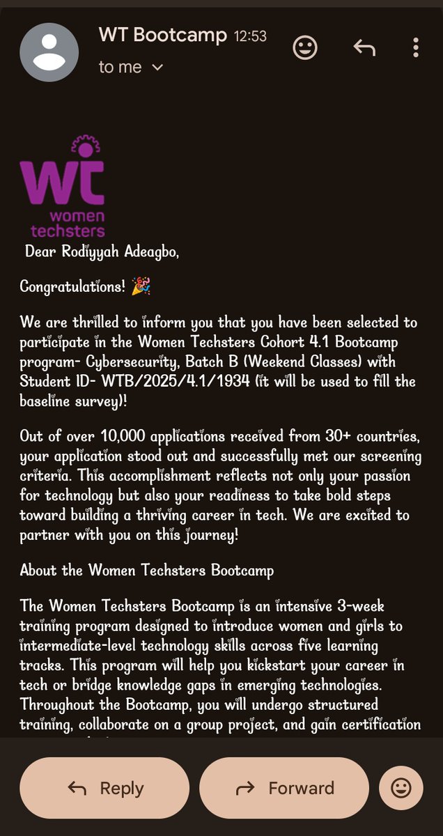 AdeagboRodiyyah's tweet photo. I got in!!! 🥹💜
Out of 10,000+ applications from 30+ countries, I got selected for the Women Techsters Cohort 4.1 Cybersecurity Bootcamp by @Tech4DevHQ
I’m honestly speechless and so excited for this journey🤭. 
 #Tech4DevHQ #WomenTechsters #WTBootcampCohort2025  #AIForHer https://t.co/W5GKse5JvJ