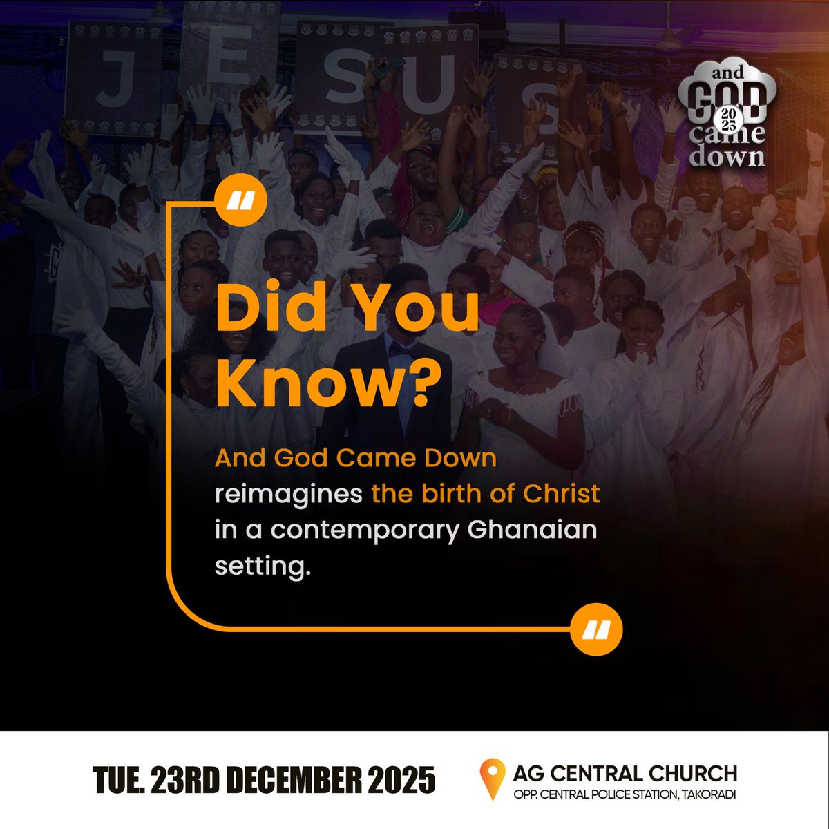 RMelfah's tweet photo. Get ready for music, emotion, and storytelling like never before!
AG Central Church, Takoradi
📅Tuesday, 23rd December 2025

Tag your friends, share this post, and let’s fill the auditorium for this life-changing experience! 
#AndGodCameDown
#TheEstherEdition
#ChristmasinTakoradi https://t.co/7vAaFTun9s