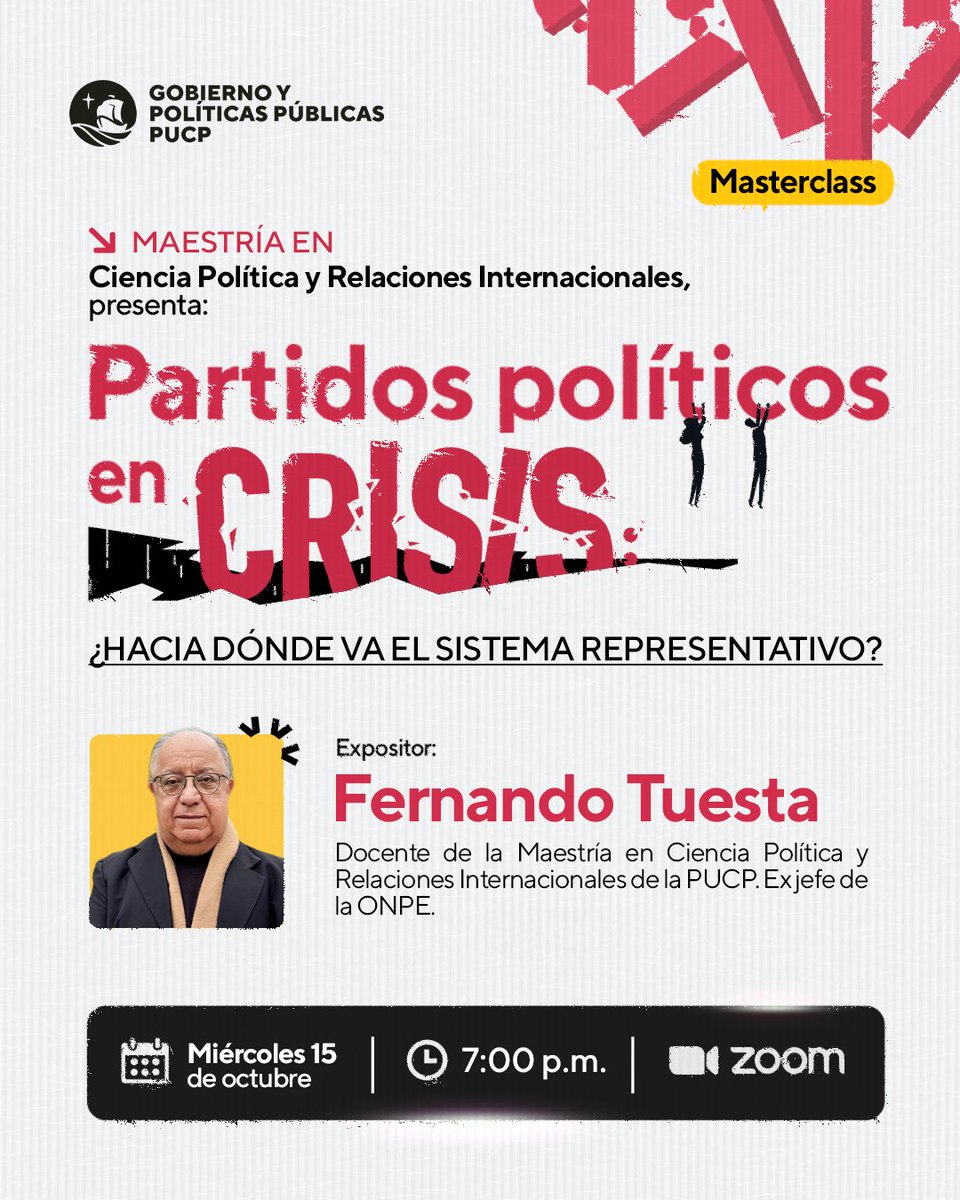 Escuela de Gobierno PUCP (@egobiernopucp) on Twitter photo 🗳️ ¿Partidos políticos en crisis?
¿Qué está pasando con el sistema representativo y hacia dónde va la política?
🎙️ Masterclass con <a href="/tuesta/">Fernando Tuesta Soldevilla</a>, docente de la Maestría en Ciencia Política y RR.II. PUCP.
🗓️ 15 de octubre | 🕖 7:00 p.m. | 📍 Zoom
👉 Inscríbete: bit.ly/46PezOh 🗳️ ¿Partidos políticos en crisis?
¿Qué está pasando con el sistema representativo y hacia dónde va la política?
🎙️ Masterclass con <a href="/tuesta/">Fernando Tuesta Soldevilla</a>, docente de la Maestría en Ciencia Política y RR.II. PUCP.
🗓️ 15 de octubre | 🕖 7:00 p.m. | 📍 Zoom
👉 Inscríbete: bit.ly/46PezOh
