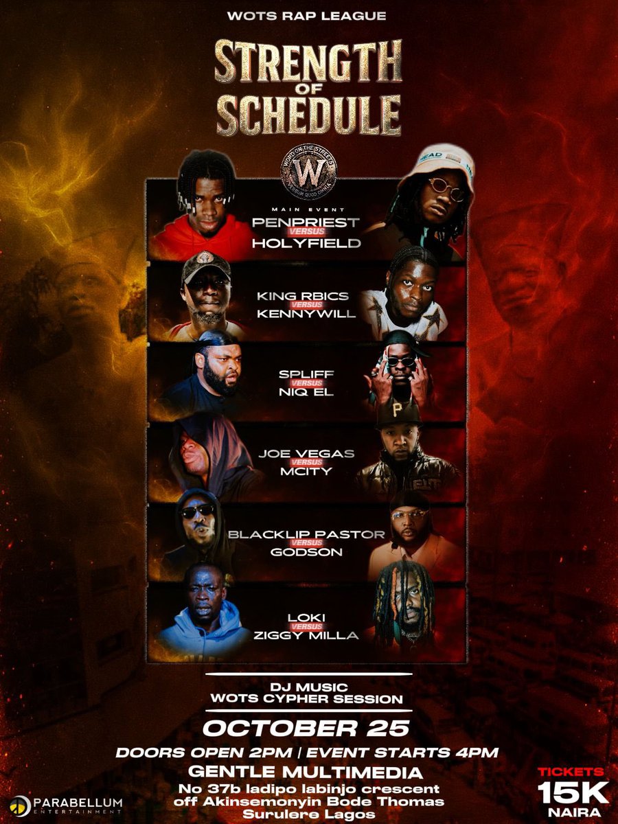 Oct 25. SOS <a href="/WotsRapleague/">WordOnTheStreets | BARS ARE BACK 6</a> <a href="/BlaqRainWOTS/">OG BlaQ Da BigStepper🐺</a> 
<a href="/iampenpriest/">@iampenpriest</a> 
#SOS #battlerap