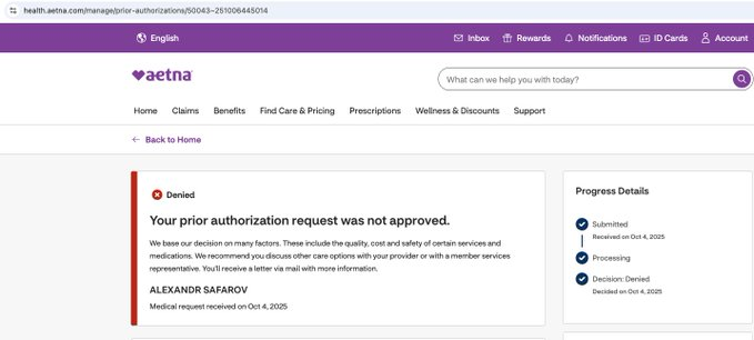 sk3torres's tweet photo. @Aetna
My wife has Alzheimer’s, and today her medication was denied by Aetna. This drug could help slow her decline — but instead of care, we got a denial notice. Families like ours deserve compassion, not bureaucracy. #AlzheimersAwareness #HealthcareReform #Alzheimers https://t.co/44cIBUOEHo