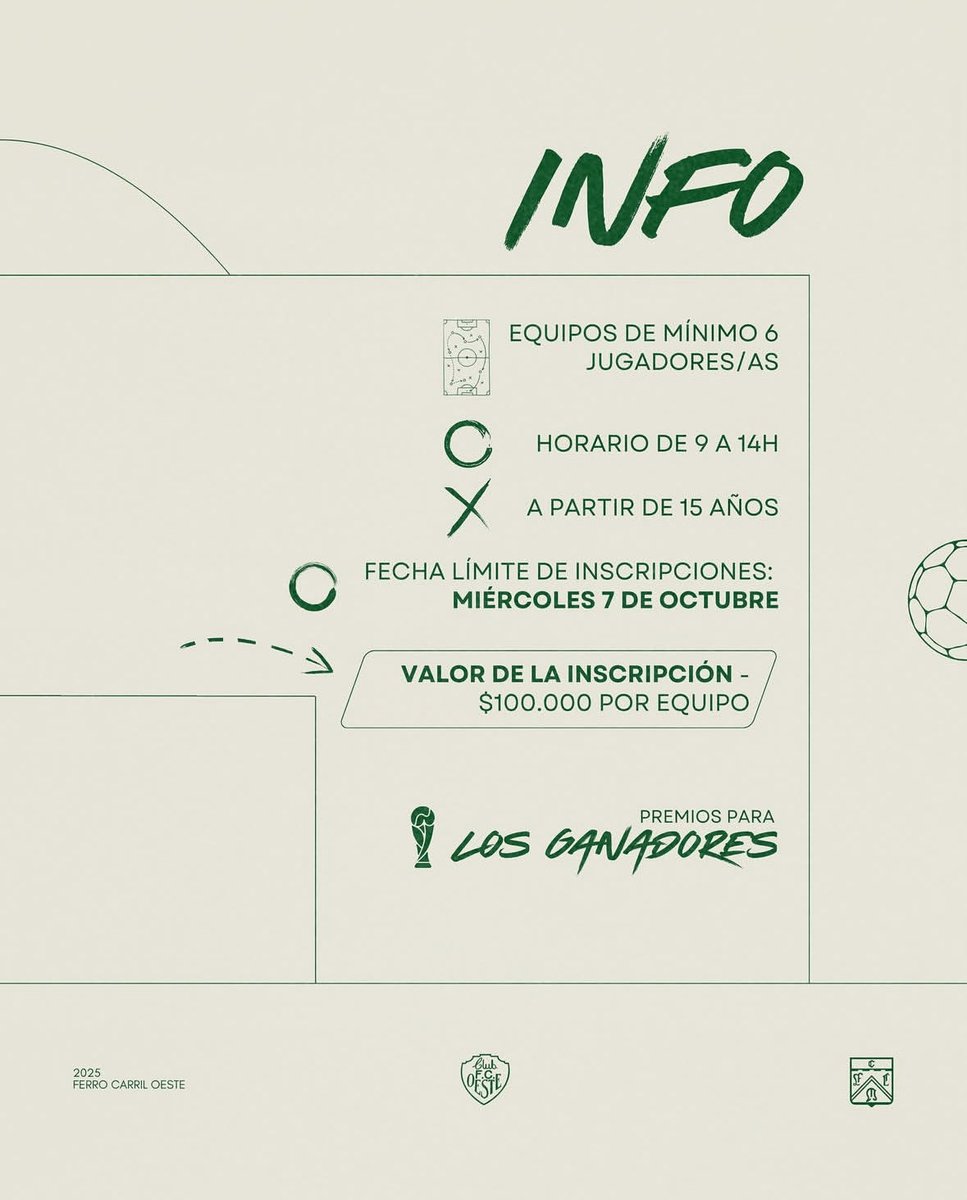 Torneo de fútbol - femenino y masculino en Ferro 💚
El viernes 10 de octubre organizamos un torneo de fútbol para recaudar dinero y viajar al nacional de clubes.
Armá tu equipo, jugá y divertite
ℹ️Chequéate toda la info
¡No te quedes afuera!