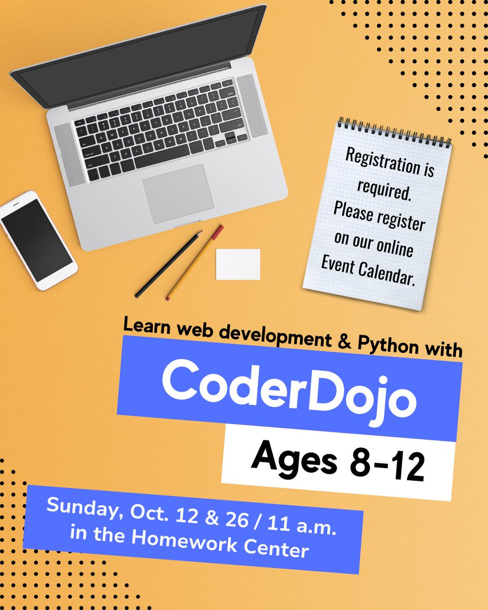camarillolib's tweet image. Join us at CoderDojo, a free bi-weekly coding club for kids ages 8-12! Registration is required. Please register on our online Event Calendar.
Date/Time: Sunday, Oct. 12 & 26 / 11 a.m.
Location: HW Center
Ages: 8-12
#coding #coderdojo #webdesign #library #camarillolibrary