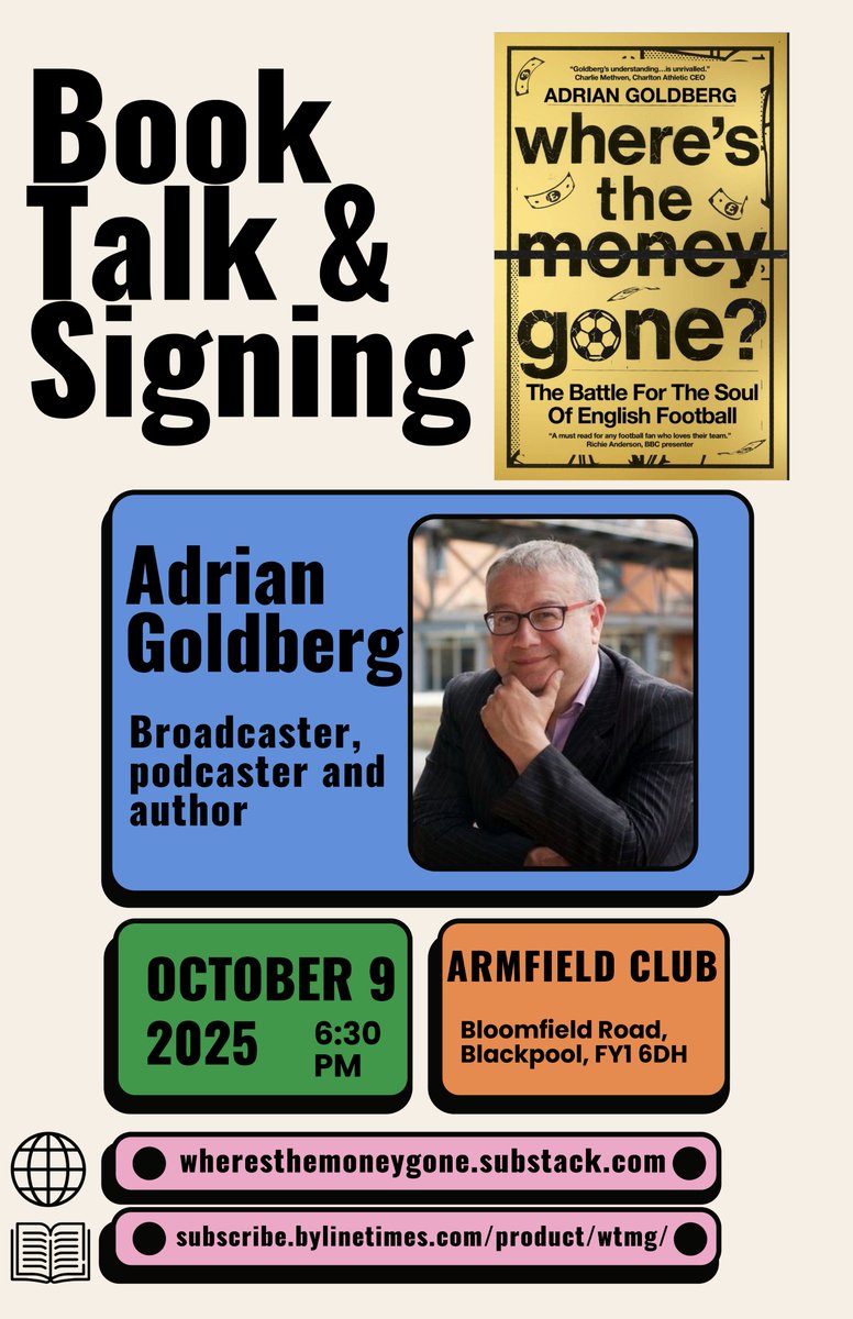 Calling all #BlackpoolFC supporters!

I'll be talking about my new book with <a href="/BlackpoolST/">BST (Blackpool Supporters Trust)</a> at 6.30 Thursday <a href="/ArmfieldClub/">Armfield Club Blackpool</a> before the England game.

It's called 'Where's The Money Gone?  The Battle For The Soul of English Football' - and there's a chunky chapter on the Tangerines!