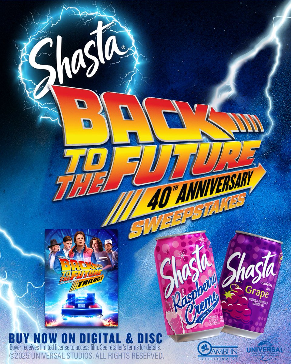 ShastaSodas's tweet image. ⚡ Great Scott! Shasta is taking you Back to the Future!⁠ Enter for your chance to score a prize pack loaded with flavor,⁠ fun, and throwback magic, including a Back to the Future⁠ 40th Anniversary Trilogy Digital Code and Shasta Prizes.⁠
⁠
Enter daily through October 31.…