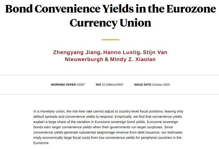 In a monetary union, risk-free rates cannot adjust to country-level fiscal positions, leaving credit spreads and convenience yields to respond. The latter is empirically important, from <a href="/ProfJiang/">Zhengyang Jiang</a>, <a href="/HannoLustig/">Hanno Lustig</a>, <a href="/SVNieuwerburgh/">Stijn Van Nieuwerburgh</a>, and <a href="/MindyXiaolan/">Mindy Xiaolan</a> nber.org/papers/w34307