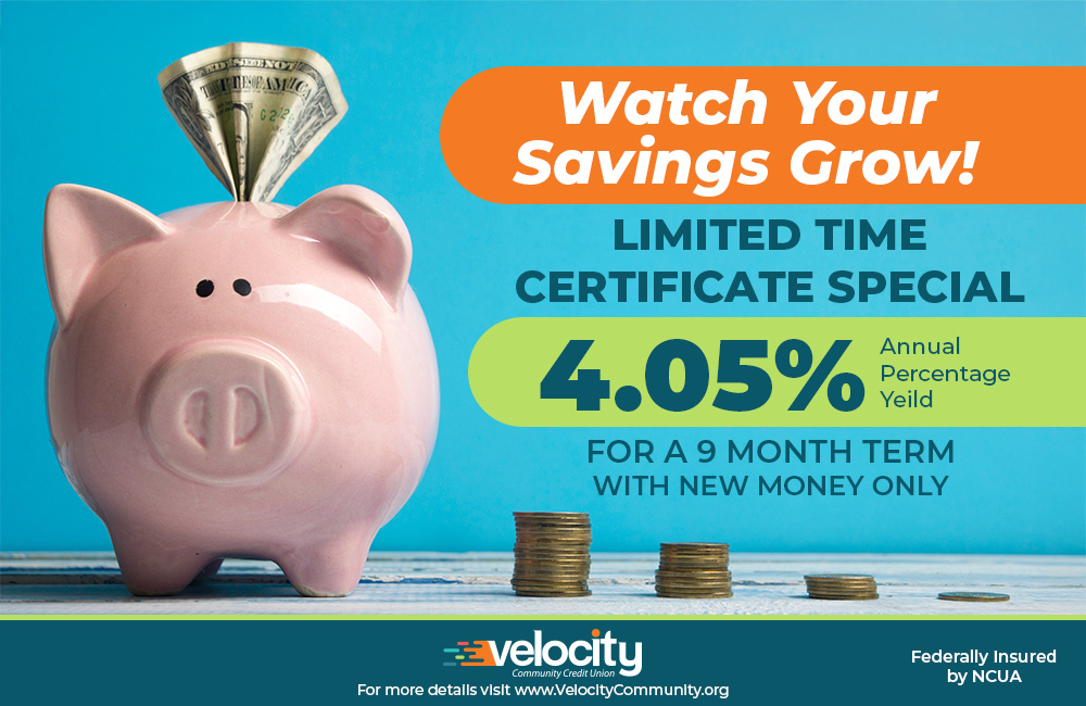 Earn more on your savings with our limited-time Certificate Special!
💰 4.05% APY for 9 months
📆 New money only
💵 $5,000 Minimum Deposit

Now is the perfect time to put your money to work. Stop by a branch or visit our website to get started:
velocitycommunity.org/checking-savin…