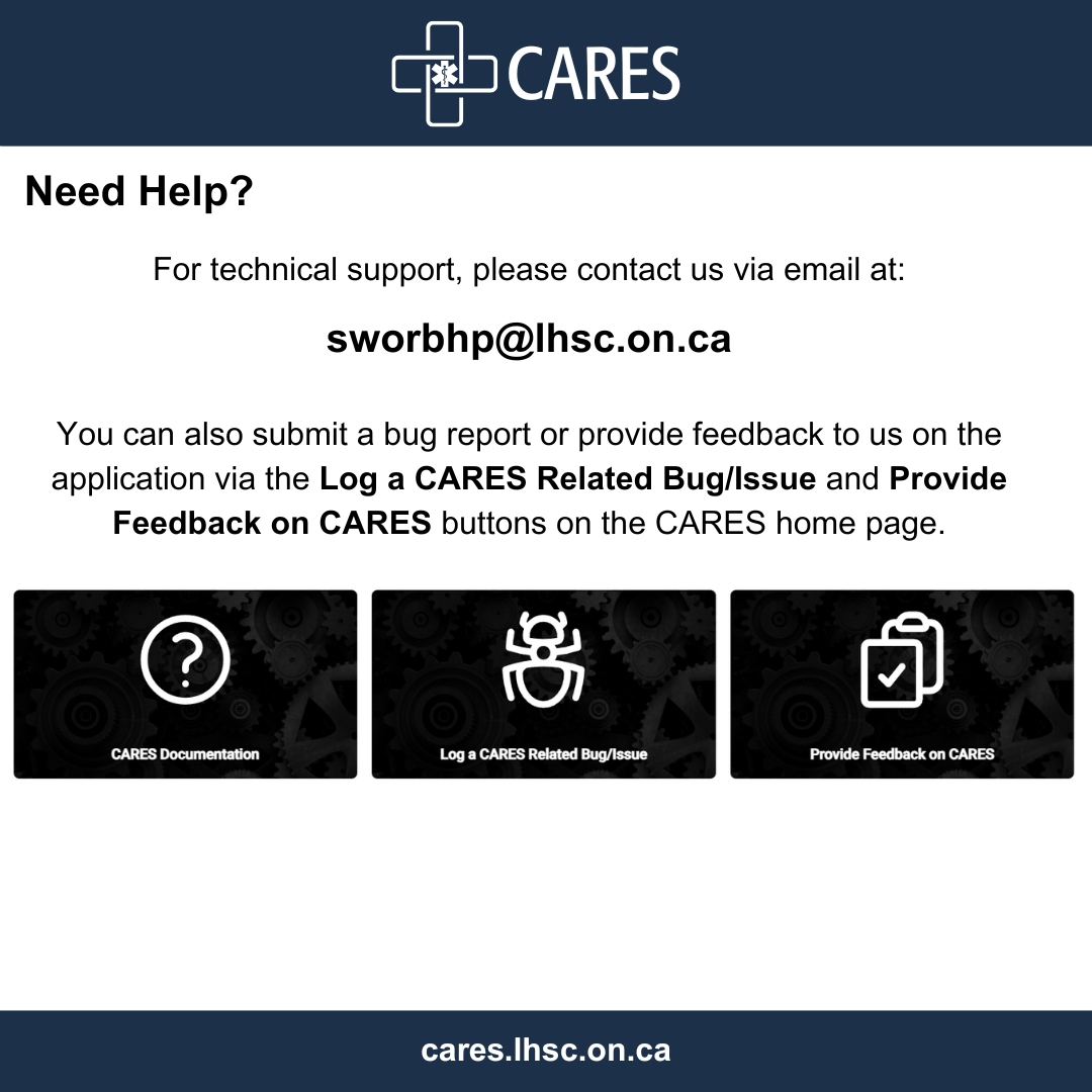 Throughout the month of October, we will be posting some helpful guides for our SWORBHP CARES application.

If you have any questions about the app, please don't hesitate to reach out to us at sworbhp@lhsc.on.ca.