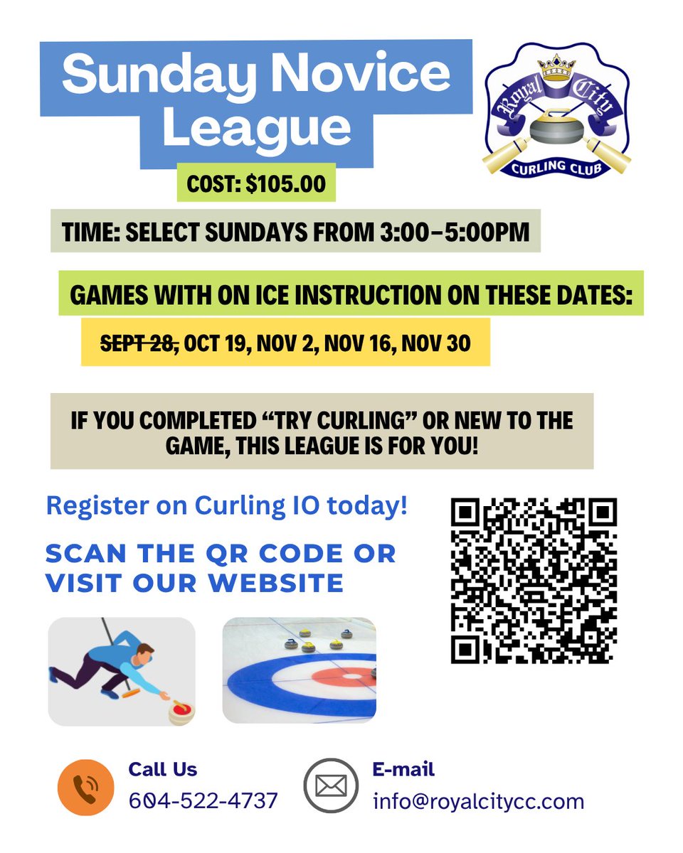RoyalCityCC's tweet photo. New to curling and eager play some games? 📷 You can still sign up for the next 4 sessions in the Sunday Novice League on select Sundays listed from 3:00-5:00pm. Next game is Sun Oct 19. 

For more info and to register, visit https://t.co/e4YZ838Qrs https://t.co/S4zM4r4IYp