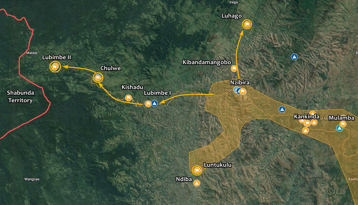 Intelynx's tweet photo. 🇨🇩 #DRC | #M23 rebels are continuing to expand their control after capturing #Nzibira in #South_Kivu. They have taken over #Chulwe & #Lubimbe, and are now approaching the borders of #Shabunda territory. Reportedly M23 has also moved northwards toward #Nindja, capturing #Luhago. https://t.co/frFeCu9CT7