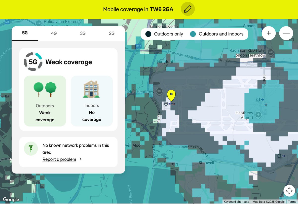 NickRowe70's tweet photo. @EE It looks like you will need to add coverage for the Heathrow area, unbelievable you think this is acceptable in 2025. https://t.co/o9BjuQJwcm