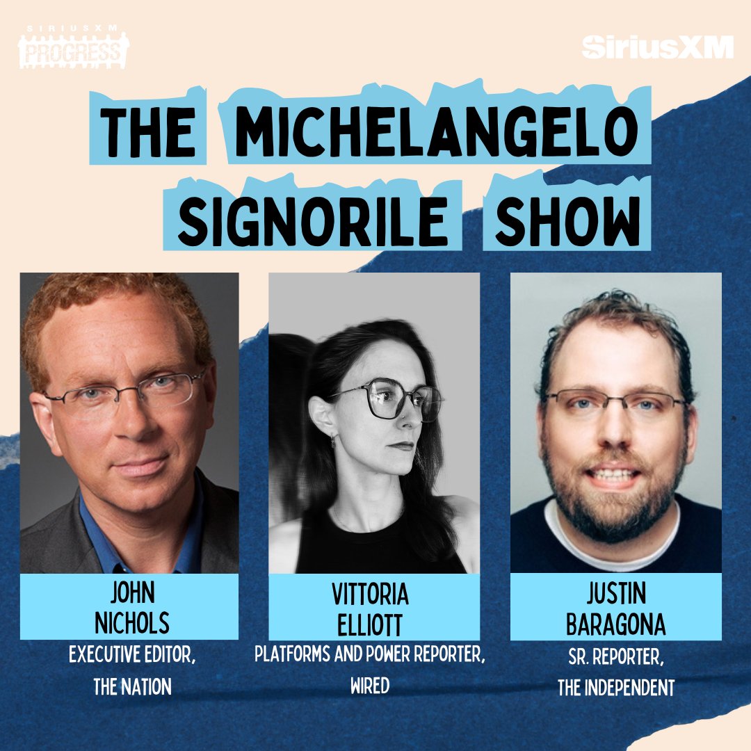 SiriusXMProg's tweet image. ‼️On Today&apos;s @MSignorile Show‼️

@NicholsUprising of @thenation
@telliotter of @WIRED
@justinbaragona of @Independent

🔊Listen Here: Signorile.com

📞Join the Conversation: 866-997-4748