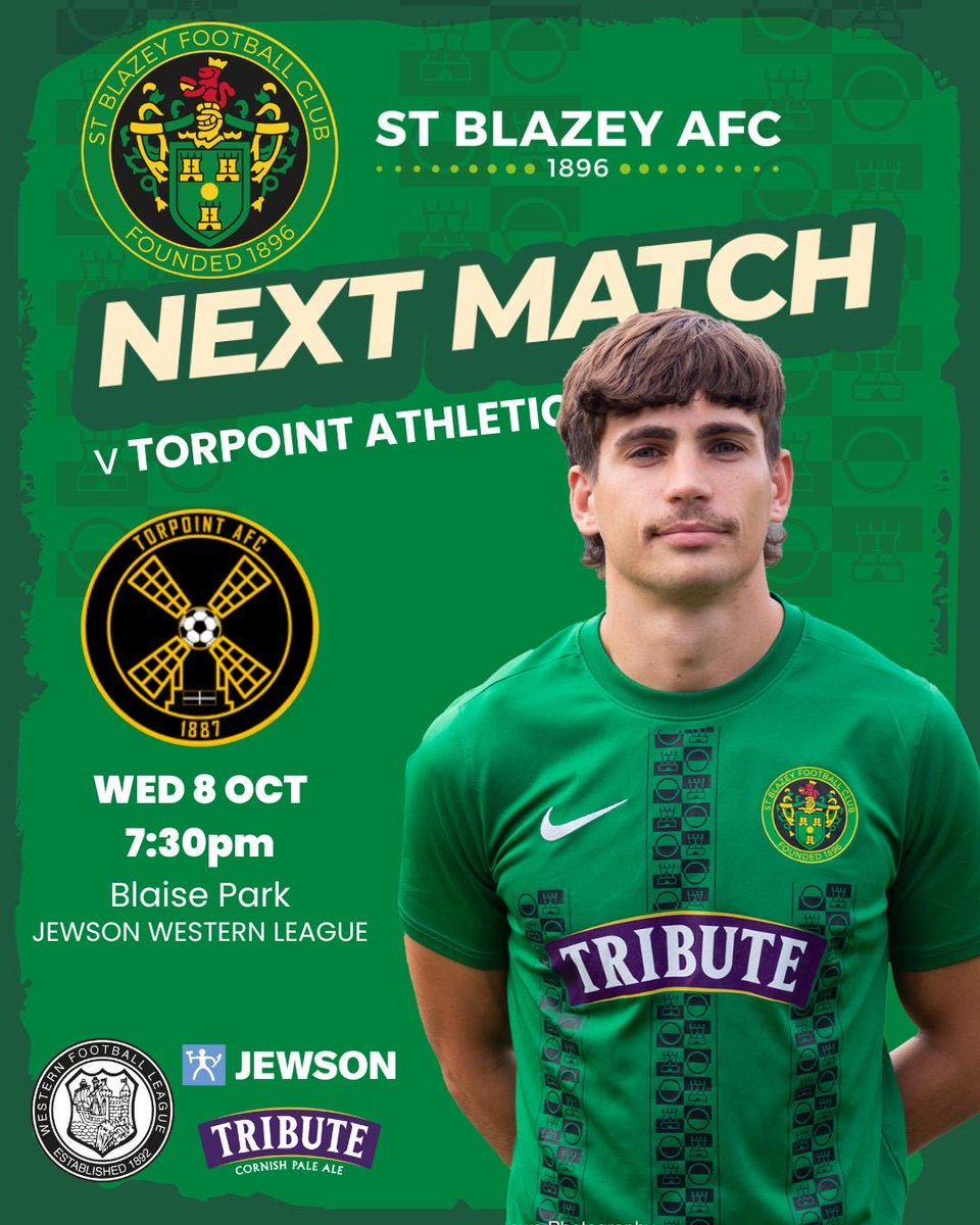 St Blazey AFC (@stblazeyafc) on Twitter photo NEXT UP - ⚽️
We look to build on our good recent form when unbeaten <a href="/torpointafc/">Torpoint AFC</a> visit on Wednesday night in the <a href="/_WesternLeague_/">Western League</a>.
💚🖤 NEXT UP - ⚽️
We look to build on our good recent form when unbeaten <a href="/torpointafc/">Torpoint AFC</a> visit on Wednesday night in the <a href="/_WesternLeague_/">Western League</a>.
💚🖤