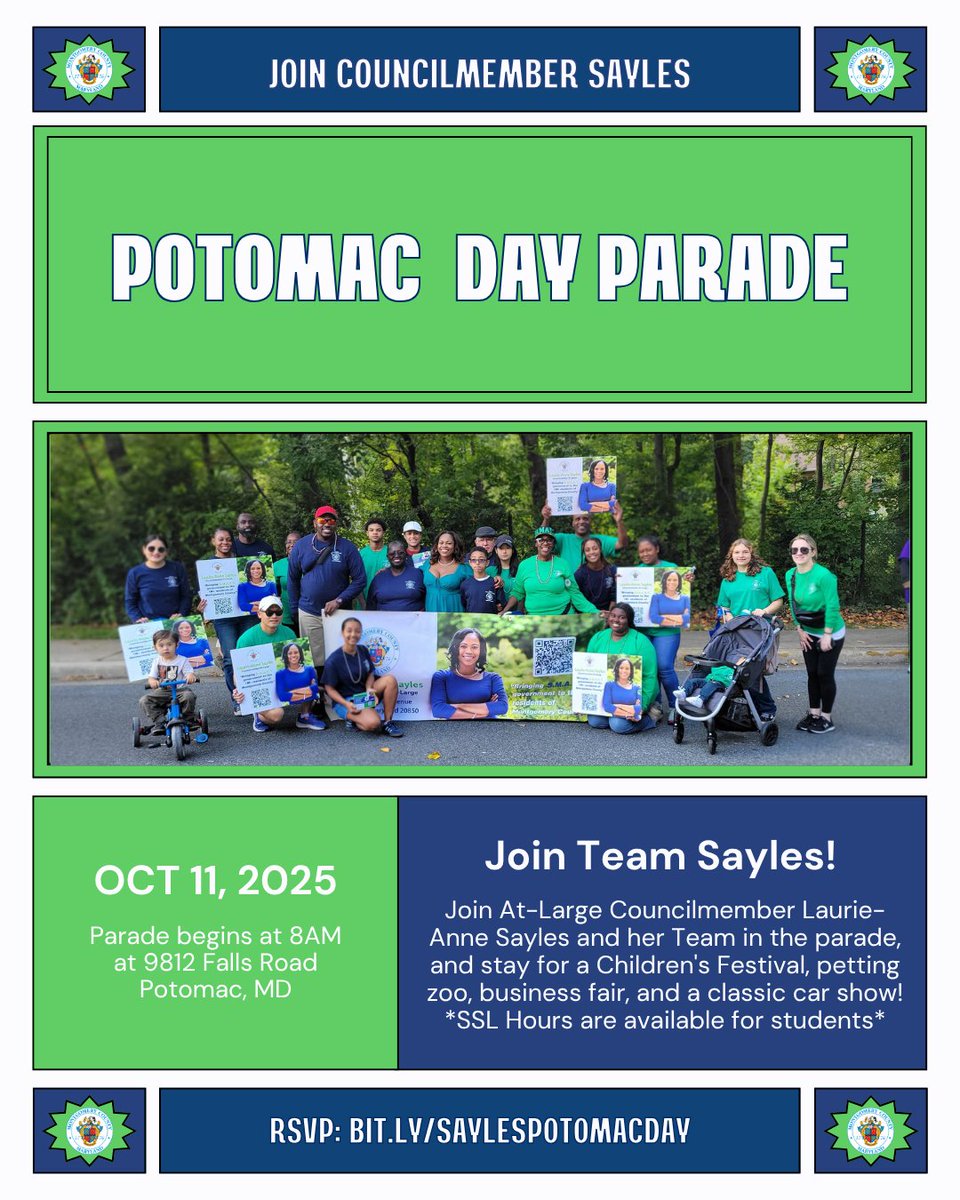 CM_Sayles's tweet image. Join Councilmember Laurie-Anne Sayles on Saturday, October 11, 2025, to march with Team Sayles in the Potomac Day Parade, then stay after to enjoy the festival!
Let’s make this year’s parade unforgettable—see you there! Link: forms.gle/DsfbGAuabGK6T3…