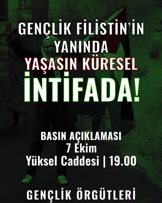 Özgür Gelecek Gazetesi (@ozgurgelecek_4) on Twitter photo ANKARA | Gençlik Örgütlerinden Filistin için Eylem Çağrısı
Aralarında YDG'nin de olduğu Gençlik Örgütleri, Aksa Tufanı hamlesinin ikinci yıldönümünde Filistin halkıyla dayanışmak için Yüksel Caddesinde bir araya geliyor.
📅 7 Ekim
📍Yüksel Caddesi
⏰19.00
Via/<a href="/Ydgiletisim/">Yeni Demokrat Gençlik</a> ANKARA | Gençlik Örgütlerinden Filistin için Eylem Çağrısı
Aralarında YDG'nin de olduğu Gençlik Örgütleri, Aksa Tufanı hamlesinin ikinci yıldönümünde Filistin halkıyla dayanışmak için Yüksel Caddesinde bir araya geliyor.
📅 7 Ekim
📍Yüksel Caddesi
⏰19.00
Via/<a href="/Ydgiletisim/">Yeni Demokrat Gençlik</a>