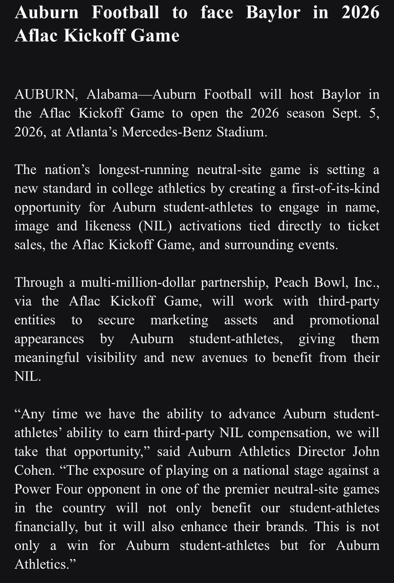 Auburn is moving their home game against Baylor to Atlanta, in part because of… NIL. Creative way to get above the cap.