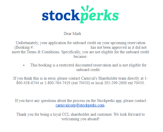 thiscruiselife's tweet photo. Well, it was worth a try! Stockperks declined my OBC application because I'm sailing with a friend who has a casino offer applied. Guess I'll take CHEERS! over $100 OBC. ;) #stockperks https://t.co/Lf8fYmi2NB