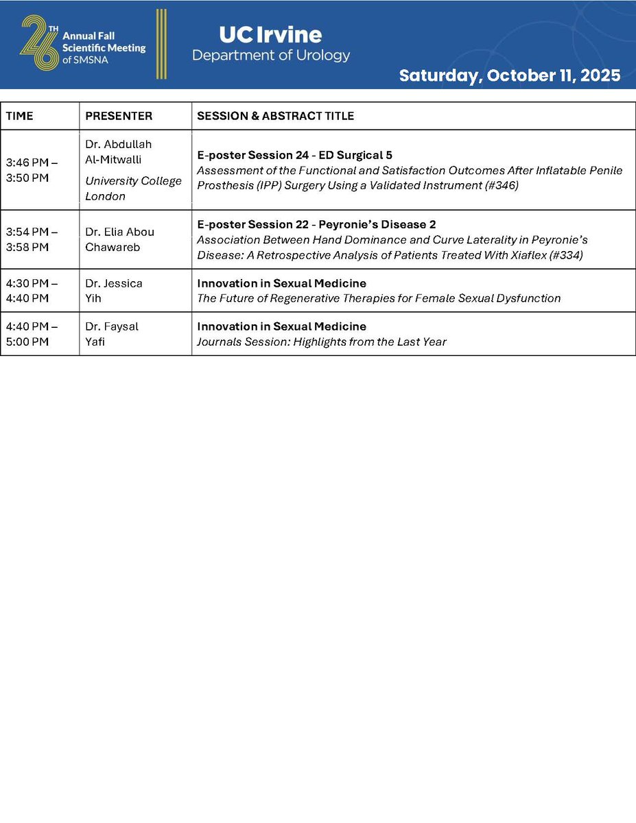#SMSNA25 Saturday, October 11, 2025
Features: <a href="/DavidHan_Uro/">David Han</a> <a href="/Sahareftekharz/">Sahar Eftekharzadeh, MD, MPH</a> <a href="/hsnakamura1210/">Hana Nakamura</a> <a href="/JeremiahDallmer/">Jeremiah Dallmer MD</a> <a href="/BeaSofiaHdz/">Beatriz S. Hernandez</a> <a href="/eliachawareb/">Elia Abou Chawareb</a> <a href="/Almitwalli_A/">Abdullah Al-Mitwalli</a> <a href="/drsexandsperm/">Jessica Yih</a> <a href="/faysal_a_yafi/">Faysal A. Yafi, MD FRCSC</a>