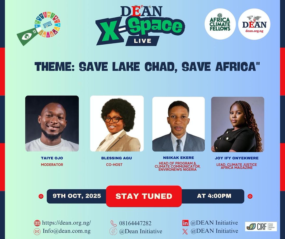 Ifyinspires's tweet photo. Join me in this conversation on DEAN X-Space Live as we have conversations around "Save Lake Chad, Save Africa.”
Date: 9th October 2025
Time: 4PM (WAT)
Be part of the dialogue driving sustainability.
#SaveLakeChad #ClimateAction #Africa
@EUClimateAction @SDG2030 @UNBiodiversity https://t.co/UXPxfrMCay