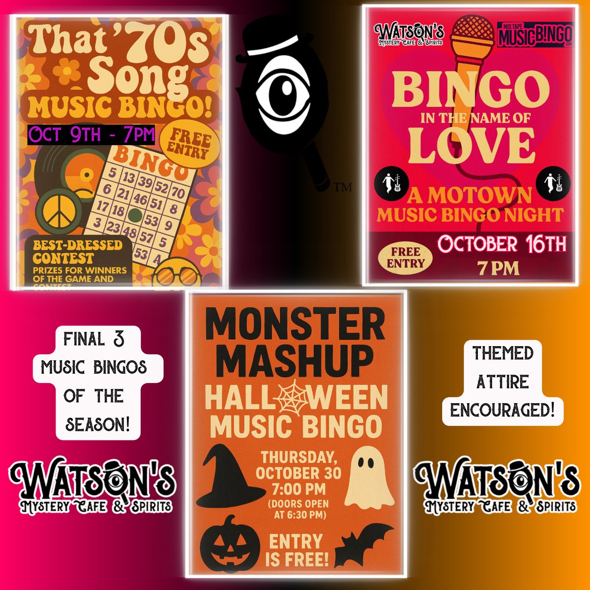 Final Music Bingo's for the season!! Join us before they're gone!!

RESERVE YOUR FREE SEAT NOW: watsonsboise.com

#escapeatwatsons 
-
#watsonsmysterycafeandspirits #boiseevents #musicbingo #freeentry #boiseidaho