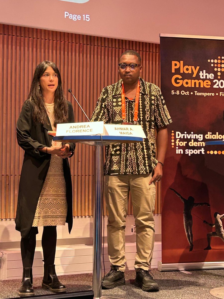 Our director <a href="/AndreaFlorence4/">Andrea Florence</a> &amp; #AthletesNetwork Advisory Council member <a href="/ahmarmaiga08/">Ahmar Abdoulaye MAIGA</a> presenting today at #PTG2025 on the need for institutional courage &amp; reporting mechanisms, and support for whistleblowers still waiting for justice.

📸: Thomas Søndergaard / <a href="/playthegame_org/">Play the Game</a>