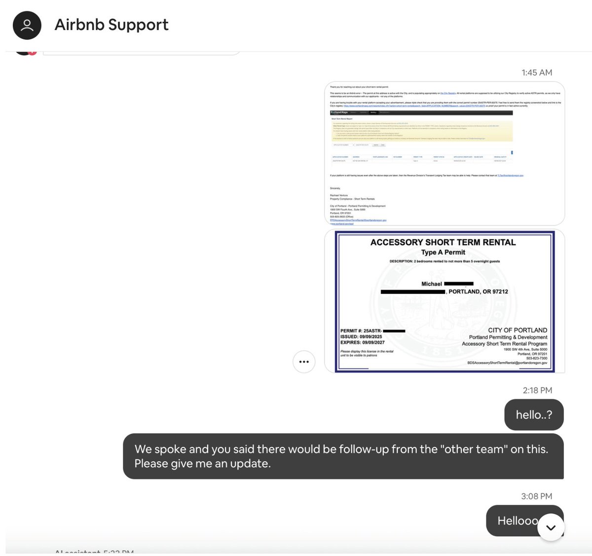 shoe_up's tweet photo. I’ve provided every document — including my active City of Portland short-term rental permit — and still no fix.
Threads get closed, “specialized teams” never reply, and I’ve been stuck for 9 days.
Ticket A75161261 (Registration) + A75422617 (Engineering). https://t.co/KGbztOCOTJ