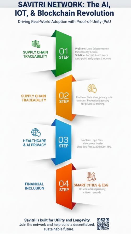 Ekene_126's tweet image. Ever wonder how #Blockchain can truly solve real-world problems? 🤔
Dive into @Savitri_net Network&apos;s impact! From transparent supply chains to private AI in healthcare &amp;amp; empowering smart cities, we&apos;re building the decentralized future with Proof-of-Unity.
#Savitri #Decentralized