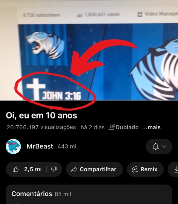 abracetradicao's tweet image. ✝️ | O maior YouTuber do mundo, MrBeast (443 milhões de inscritos), publicou um vídeo gravado em 2015, que havia sido programado para ser lançado 10 anos depois, em 4 de outubro de 2025.
Um detalhe que chamou a atenção é o banner antigo do canal, onde aparece uma cruz e a…