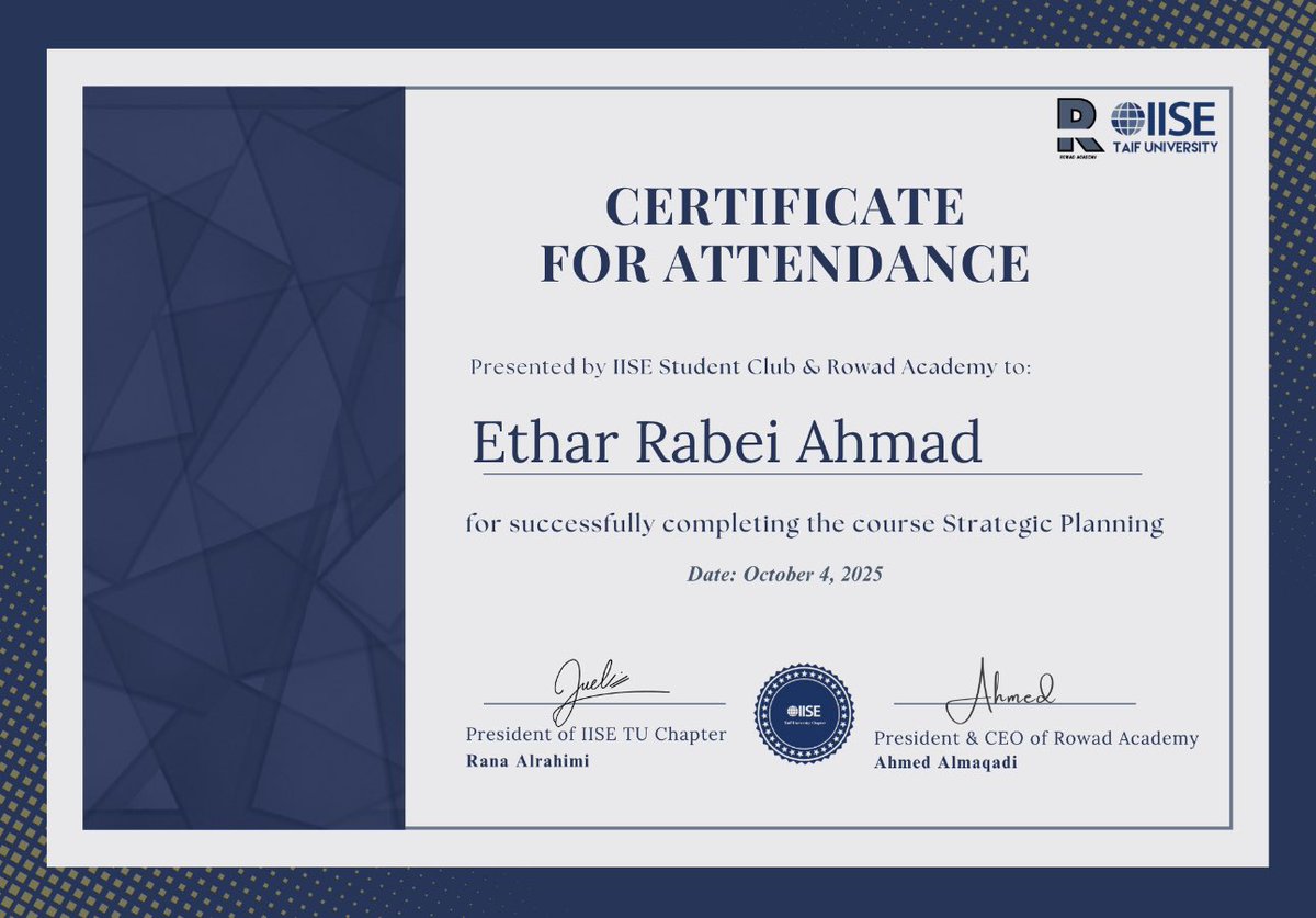 Etharrabei's tweet image. حصلت على شهادة حضور دورة التخطيط الاستراتيجي مقدمة من نادي IISE الطلابي وأكاديمية رُواد واكتسبت معرفة في أساسيات ومفاهيم التخطيط الاستراتيجي😄💡.
#StrategicPlanning #RowadAcademy #ContinuousLearning