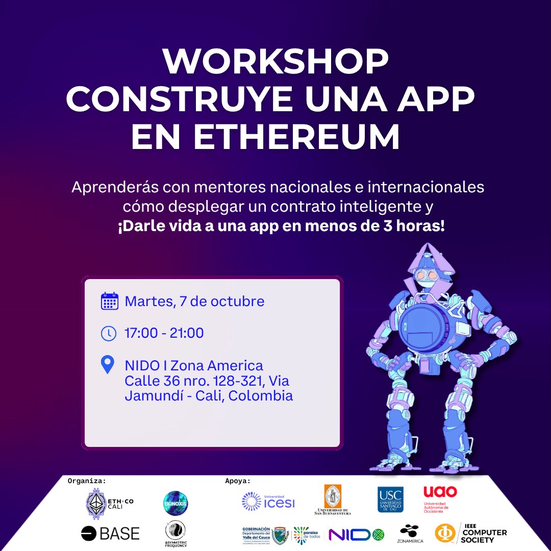 ¿Listo para tu primera App en <a href="/ethereum/">Ethereum</a> ? 💻

Este martes a las 17:00 nos vemos en @zonamericaco, donde tendremos un taller práctico de 3 horas, donde vas a:
1. Desplegar un SmartContract con <a href="/solidity_lang/">Solidity</a> y testearlos con getfoundry.sh o <a href="/HardhatHQ/">Hardhat</a>.
2. Conectarlos al