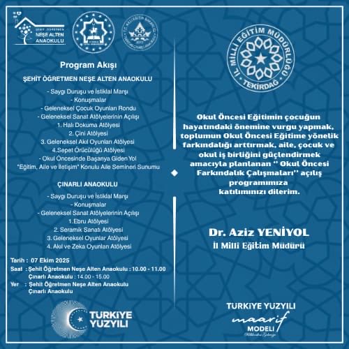 Sayın Velimiz,

Millî Eğitim Bakanlığı Temel Eğitim Genel Müdürlüğünce yürütülen “Okul Öncesi Farkındalık Çalışmaları” kapsamında, İl Millî Eğitim Müdürümüz Dr. Aziz YENİYOL’un teşrifleriyle Şehit Öğretmen Neşe Alten Anaokulunda gerçekleştirilecek olan “Okul Öncesinde Başarıya