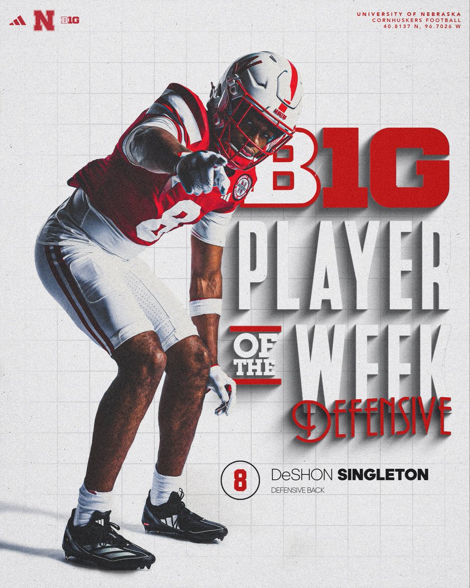 HuskerFootball's tweet image. Big Ten Defensive Player of the Week goes to the one and only, @DeshonSingleton‼️
