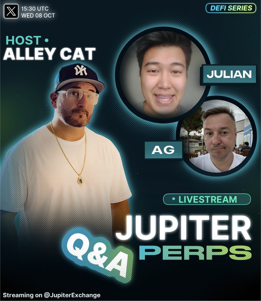 JupiterExchange's tweet image. 🚨 This Wednesday’s DeFi Series Q&amp;amp;A is all about Jupiter PERPS!

Join us to be the first to hear the answers to the most asked questions:

- Wen higher leverage caps❓
- Wen lower fees❓
- Wen new pairs❓

See you at 3:30 UTC on Wed, Oct 8th…