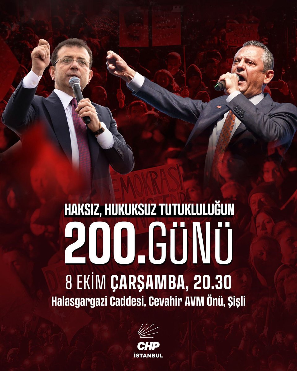 Kurtuluş yok tek başına, ya hep beraber ya hiçbirimiz! 

Genel Başkanımız Özgür Özel’in öncülüğünde, 15,5 milyon oyla Cumhurbaşkanı adayımız Ekrem İmamoğlu ve tüm yol arkadaşlarımıza yönelik 200 gündür süren haksız, hukuksuz tutukluluğa karşı bir araya geliyoruz.