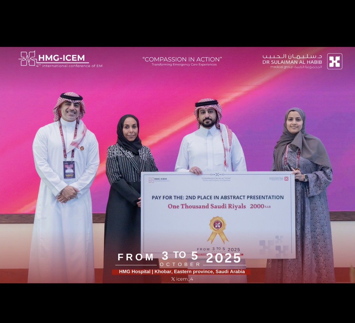 fems_ksu's tweet photo. Proud Moment 
Congratulations to Dr. @Murdhi_alanazi , a graduate of the FEMS-KSU, for achieving 2nd place at the 4th International Conference of Emergency Medicine (HMG-ICEM 2025) for his research on Prehospital POCUS.
An inspiring milestone showcasing excellence in EMS! ✨ https://t.co/eZEztDqFWC