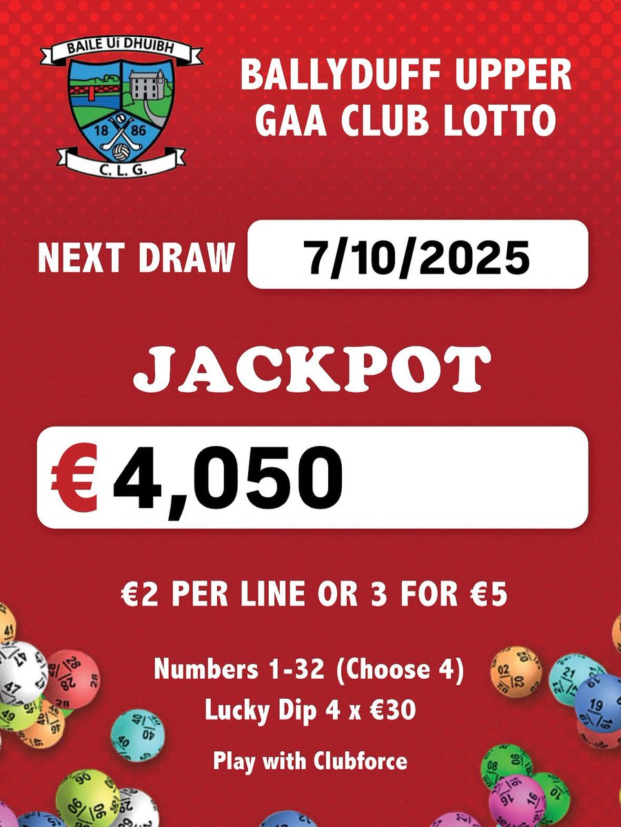 Fancy winning €4,050? 

Get your tickets at the link below. ⬇️

play.clubforce.com/play_newa.asp?…

Purchase your ticket before 9pm Tuesday to be entered in the draw. ⏳