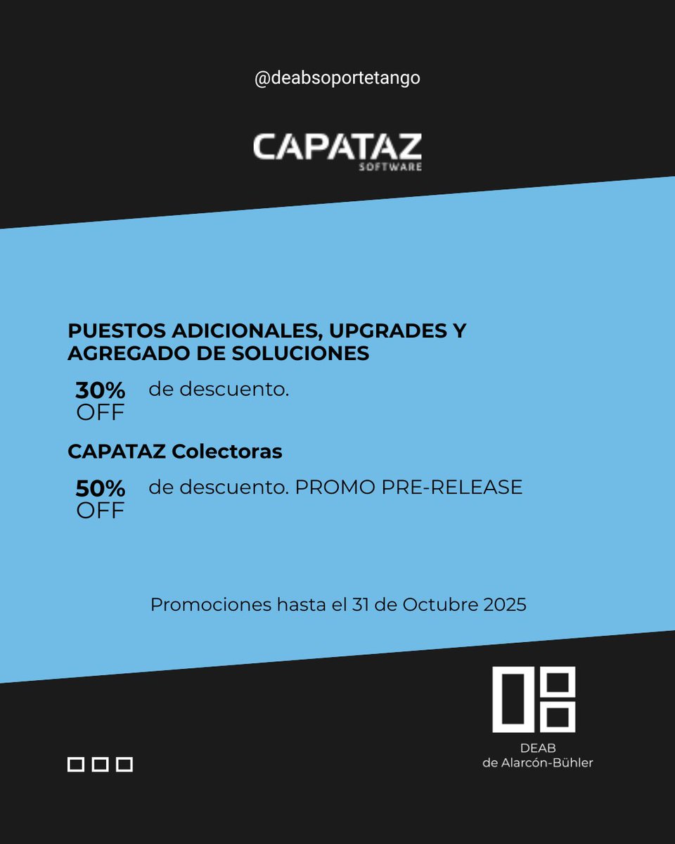 DEABTango's tweet image. 👉 PROMOCIONES DE CAPATAZ SOFTWARE Octubre 2025

🔴 Vigente hasta el 31de Octubre 2025.

#tangosoftware #soportetango #tangogestion #deab #dealarconbuhler
