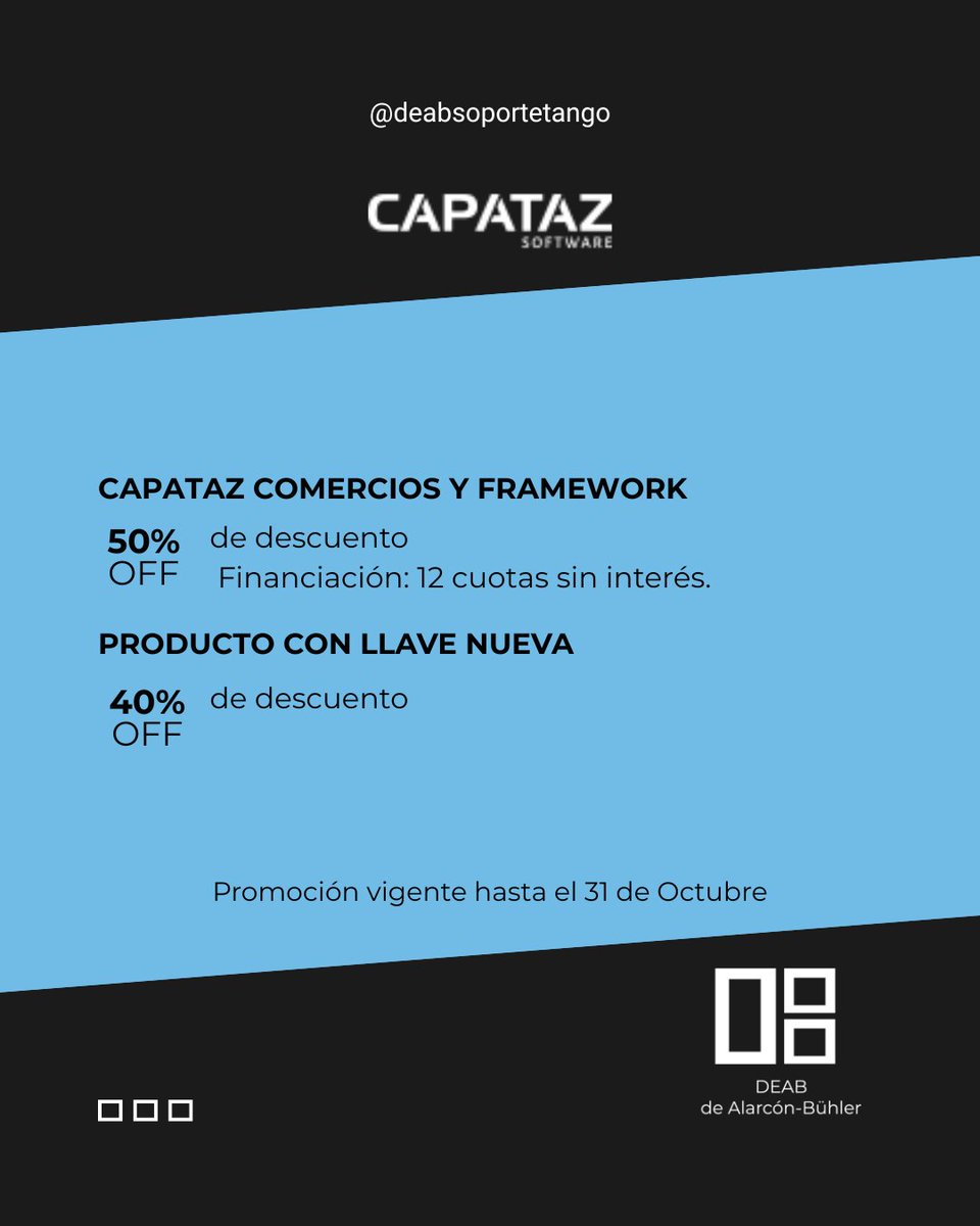 DEABTango's tweet image. 👉 PROMOCIONES DE CAPATAZ SOFTWARE Octubre 2025

🔴 Vigente hasta el 31de Octubre 2025.

#tangosoftware #soportetango #tangogestion #deab #dealarconbuhler