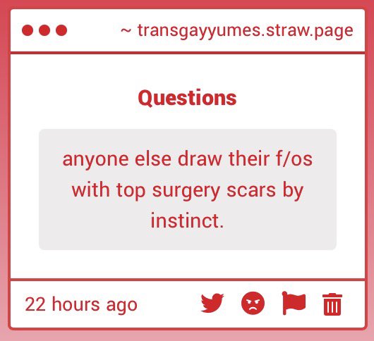 TransGayYumes's tweet photo. Questions 💫 

“Anyone else draw their f/os with top surgery scars by instinct?” 💫 https://t.co/XTyK1vy7Fg