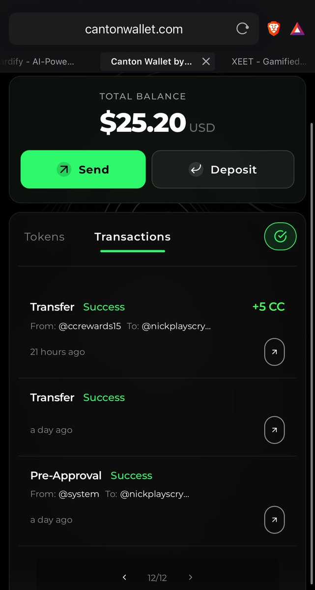 Canton Wallet 截图，显示 $CC 奖励交易