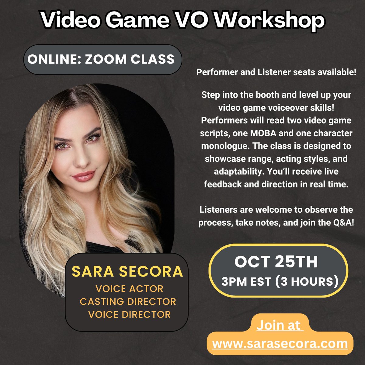 SaraSecoraVO's tweet image. My classes will be slowing down as I prepare for my holiday season break in December. If you&apos;ve wanted to take a workshop with me, now is a great time! Performer seats are also at a reduced price.

Sign up at sarasecora.com/coach